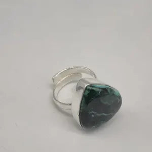 Malachite Adjustable Ring – Silver Plated Green Cabochon - Healing Crystal Jewelry