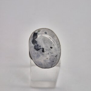 Moonstone with Black Tourmaline Adjustable Ring – Silver Plated Cabochon Iridescent Healing Crystal Jewelry