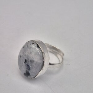 Moonstone with Black Tourmaline Adjustable Ring – Silver Plated Cabochon Iridescent Healing Crystal Jewelry