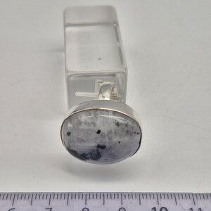 Moonstone with Black Tourmaline Adjustable Ring – Silver Plated Cabochon Iridescent Healing Crystal Jewelry