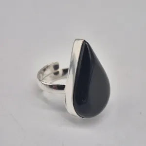 Black Obsidian Adjustable Ring – Silver Plated Cabochon Protection Crystal Jewelry