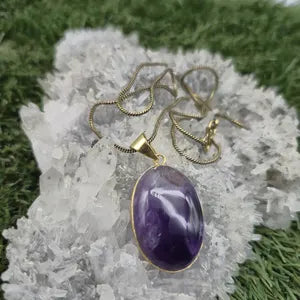 Amethyst Crystal Brass Pendant Necklace: Spiritual Stone Jewelry