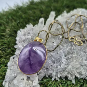Amethyst Crystal Brass Pendant Necklace: Spiritual Stone Jewelry
