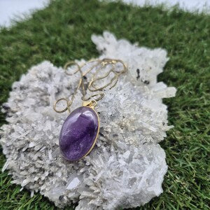 Amethyst Crystal Brass Pendant Necklace: Spiritual Stone Jewelry