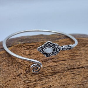 Silver Plated Moonstone Bangle Bracelet: Adjustable Crystal Torque