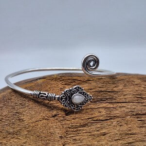 Silver Plated Moonstone Bangle Bracelet: Adjustable Crystal Torque