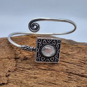 Silver Plated Moonstone Bangle Bracelet: Adjustable Crystal Torque