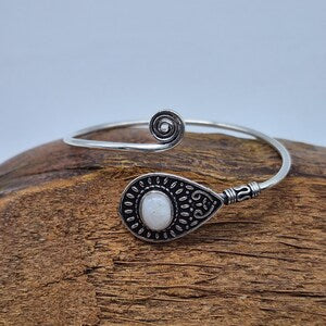 Silver Plated Moonstone Bangle Bracelet: Adjustable Crystal Torque