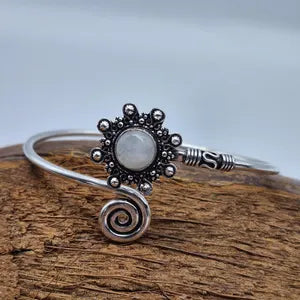 Silver Plated Moonstone Bangle Bracelet: Adjustable Crystal Torque