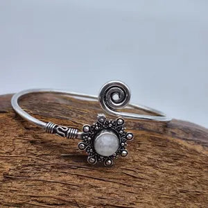 Silver Plated Moonstone Bangle Bracelet: Adjustable Crystal Torque