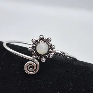 Silver Plated Moonstone Bangle Bracelet: Adjustable Crystal Torque