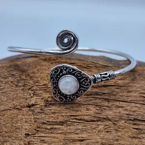 Silver Plated Moonstone Bangle Bracelet: Adjustable Crystal Torque