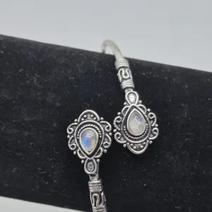 Silver Plated Moonstone Bangle Bracelet: Adjustable Crystal Torque