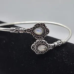 Silver Plated Moonstone Bangle Bracelet: Adjustable Crystal Torque