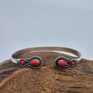 Genuine Red Coral Silver Plated Cuff | Adjustable Bangle for Women