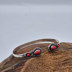 Genuine Red Coral Silver Plated Cuff | Adjustable Bangle for Women