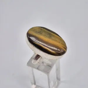 Tiger Eye Adjustable Ring – Silver Plated Cabochon Statement Jewelry