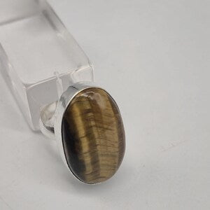 Tiger Eye Adjustable Ring – Silver Plated Cabochon Statement Jewelry