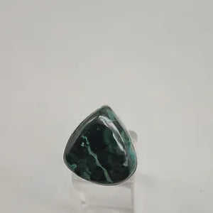 Malachite Adjustable Ring – Silver Plated Green Cabochon - Healing Crystal Jewelry
