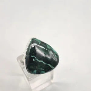 Malachite Adjustable Ring – Silver Plated Green Cabochon - Healing Crystal Jewelry