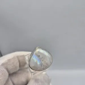 Rainbow Moonstone Adjustable Ring – Silver Plated Cabochon Iridescent Healing Crystal Jewelry