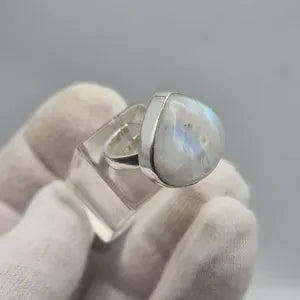 Rainbow Moonstone Adjustable Ring – Silver Plated Cabochon Iridescent Healing Crystal Jewelry
