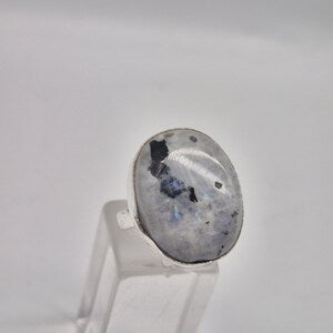 Moonstone with Black Tourmaline Adjustable Ring – Silver Plated Cabochon Iridescent Healing Crystal Jewelry