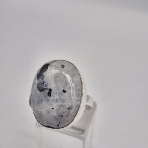 Moonstone with Black Tourmaline Adjustable Ring – Silver Plated Cabochon Iridescent Healing Crystal Jewelry