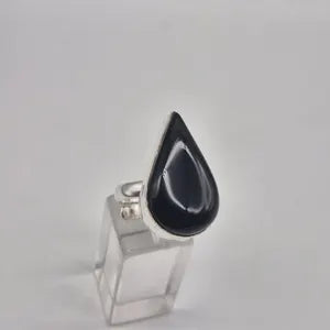 Black Obsidian Adjustable Ring – Silver Plated Cabochon Protection Crystal Jewelry