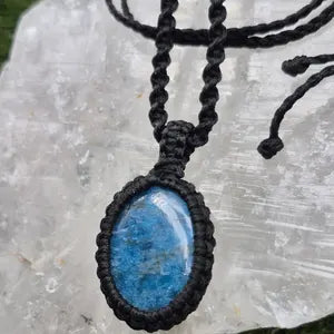 Blue Apatite Macrame Necklace: Woven Gemstone Pendant