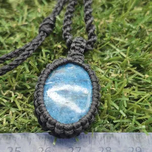 Blue Apatite Macrame Necklace: Woven Gemstone Pendant