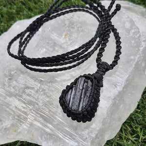 Handmade Black Tourmaline Macrame Necklace: Protection Crystal