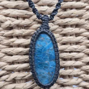 Blue Apatite Macrame Necklace: Woven Gemstone Pendant