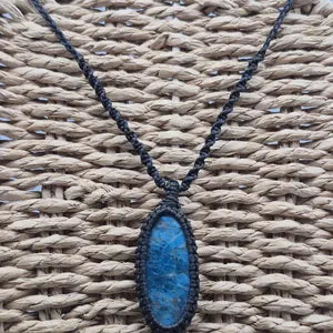 Blue Apatite Macrame Necklace: Woven Gemstone Pendant