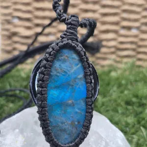 Blue Apatite Macrame Necklace: Woven Gemstone Pendant
