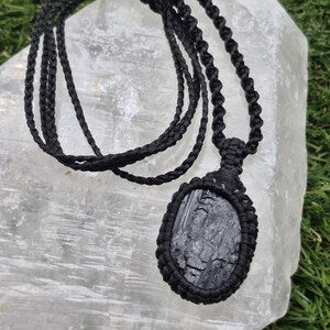 Handmade Black Tourmaline Macrame Necklace: Protection Crystal