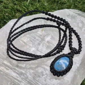 Blue Apatite Macrame Necklace: Woven Gemstone Pendant