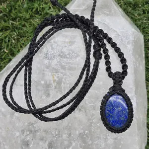 Lapis Lazuli Macrame Necklace: Woven Blue Gemstone Pendant
