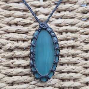 Green Agate Slice Necklace: Macrame Wrapped Brazilian Crystal