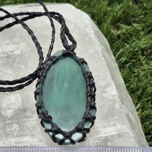 Green Agate Slice Necklace: Macrame Wrapped Brazilian Crystal