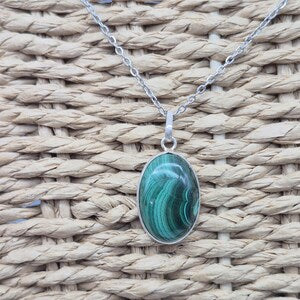 Malachite Cabochon Cut, Necklace, Silver 925