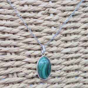Malachite Cabochon Cut, Necklace, Silver 925