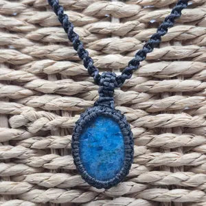 Blue Apatite Macrame Necklace: Woven Gemstone Pendant