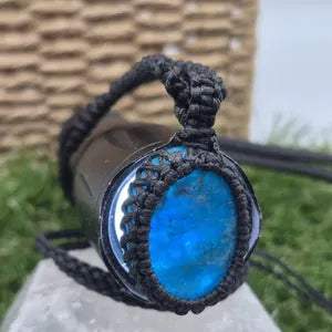 Blue Apatite Macrame Necklace: Woven Gemstone Pendant