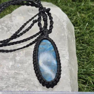 Blue Apatite Macrame Necklace: Woven Gemstone Pendant