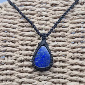 Lapis Lazuli Macrame Necklace: Woven Blue Gemstone Pendant