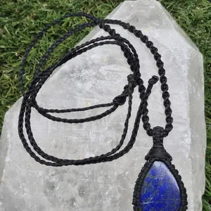 Lapis Lazuli Macrame Necklace: Woven Blue Gemstone Pendant