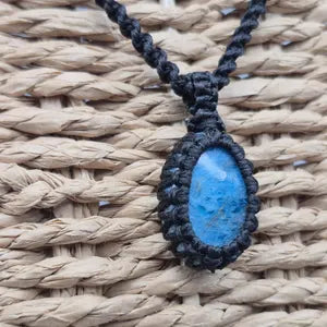 Blue Apatite Macrame Necklace: Woven Gemstone Pendant