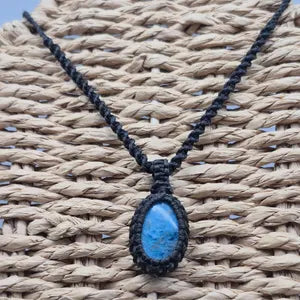 Blue Apatite Macrame Necklace: Woven Gemstone Pendant