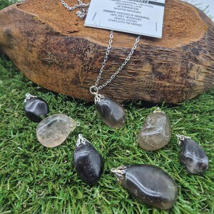 Natural Smoked Quartz Necklace - Stainless Steel Chain
